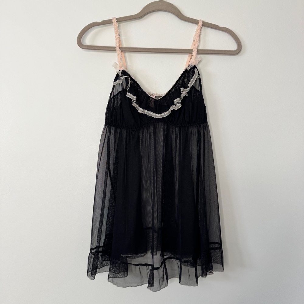 Victoria's Secret Babydoll Teddy Cami Sheer Mesh Ruffle Rhinestone Black Sz L
